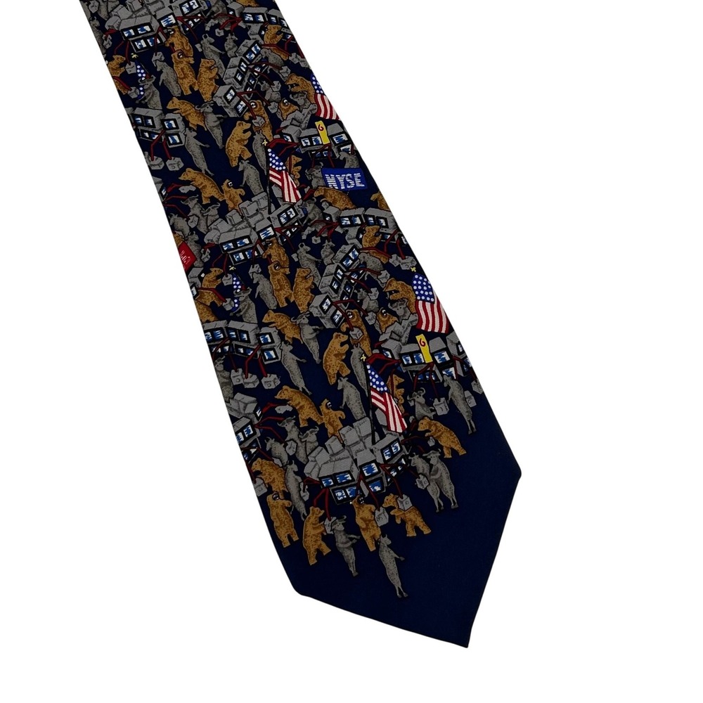 Alynn Neckwear Mens Silk Tie Bulls and Bears Stock Market NYSE Finance Navy Blue